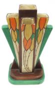 A Myott & Sons art deco period geometric Spill Vase, decorated in a Deliccia type pattern in