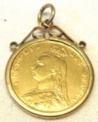 A Victorian Gold Half Sovereign within a plain 9ct Gold Pendant Mount.