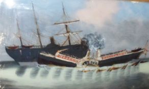 A Reverse Painted on Glass Picture depicting a collision between two steamships and titled below “