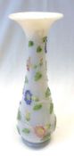 A French Milk Glass Trumpet Vase, overlaid with twining Art Nouveau style foliage with green,