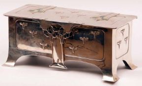 A fine Edwardian art nouveau table standing Jewel Casket, of shaped rectangular form, the hinged lid