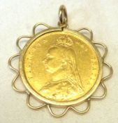 A Victorian Gold Half Sovereign within a hallmarked 9ct Pendant Mount with wavy edge.