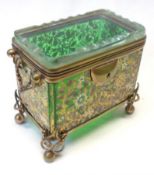 An ornate green Glass Casket with gilt metal mounts, the front, back and sides painted in colours