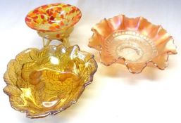 A Carnival Glass crimped Bowl, a further Carnival Glass foliate shaped Dish and a small multi-