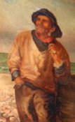 A framed Oil on Canvas Study of a Fisherman smoking a Clay Pipe, against a coastal background, in