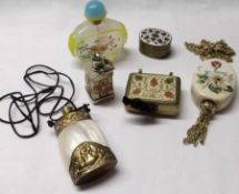 A collection of 20th Century Scent Bottles, Boxes, etc, including three Scent Bottles, two enamelled