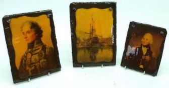 Three modern Decoupage on Slate Picture, two Lord Nelson, one of HMS Victory, the largest 7”