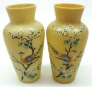 A pair of French Glass small baluster Vases, decorated in colours with game birds perched amidst