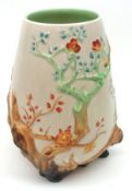 A tapered Clarice Cliff Apple Blossom Vase, embossed with flowering tree design, decorated in green,