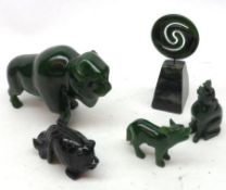 A collection of five Jade/Jadeite Models to include: Buffalo, ornamental Fish, Howling Wolves and an