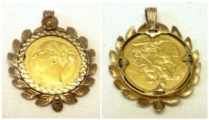 A Victorian Gold young head Sovereign dated 1885 within a hallmarked 9ct Gold Laurel Leaf framed