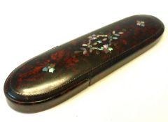 A Victorian Papier-mâché and Mother of Pearl inlaid Spectacle Case with hinged end, 5” long