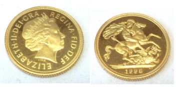 An Elizabeth II Gold proof Sovereign dated 1998.