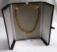 A cased small Amber bead Necklace with white metal Clasp, 46cm long.