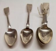 A set of three Victorian Fiddle pattern Dessert Spoons, Exeter 1848l; together with two further