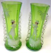 A pair of decorative green Glass Vases of circular waisted form, applied on either side with clear