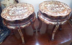 A pair of Chinese Hardwood Stands, or Side Tables, intricately inlaid with Palaces, Processions,