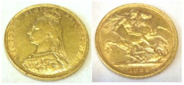 A Victorian Gold Sovereign dated 1889.