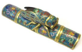 A Japanese Cloisonné scroll Weight, mounted with a large Cicada in the Ming manner, possibly circa