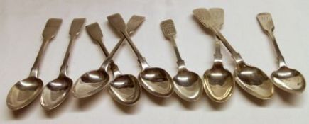 A collection of nine various Georgian, Victorian and later Teaspoons, Fiddle pattern, conditions