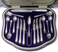 A large cased extensive set of Afternoon Tea Flatwares in art deco taste, each item with “riveted”
