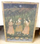 An Eastern Fabric Panel painted with Indian Figures and Foliage, 30 ½” x 22 ½”.