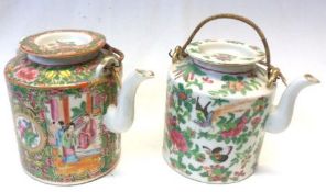 Two Canton Famille Rose Teapots of cylindrical form, each decorated in typical colours, one with