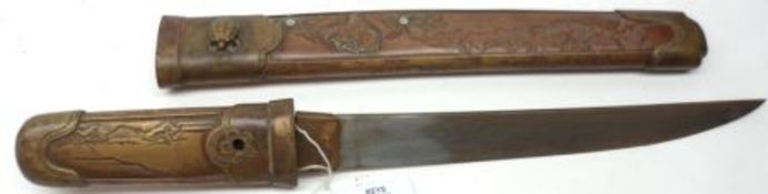 A Japanese Aikuchi type Dagger with signed blade and metal mounts, 16” long overall, (blade 9”).