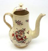 An early 19th Century English Cream Ware Coffee Pot with entwined double handle and a red and