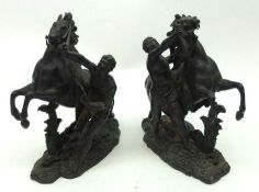 A pair of 19th Century Bronze Marley Horses and Attendants of typical form, on naturalistic