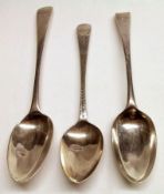 A Mixed Group of two early Georgian base-marked Dessert Spoons, Old English pattern; together with a
