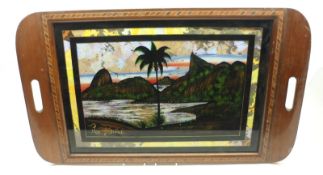 A 20th Century Rio de Janeiro Serving Tray, wooden surround, to a glazed centre decorated with