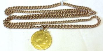 A hallmarked 9ct Gold (continuous) Curb Necklace suspending a George III Gold Guinea dated 1788 (