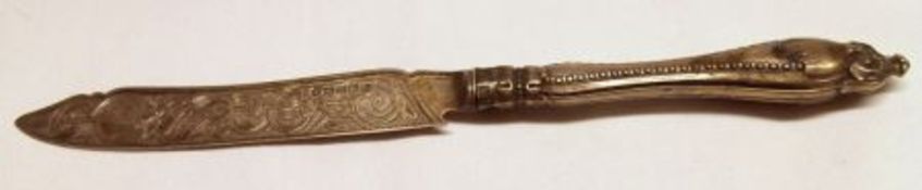 A Victorian Fish Knife with ornately engraved blade, Silver encased handle, (with defects), 8 ¾”