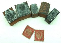 A Box of Miniature Printing Blocks depicting Pocket Watches and Mantel Clocks