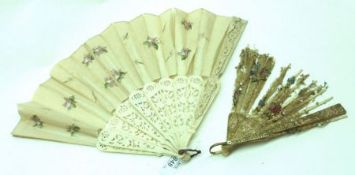 A Bone framed and Silk panelled Hand Fan, decorated with floral design, (A/F); together with a