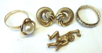 A mixed lot of hallmarked 9ct Gold Monkey Charm unmarked yellow metal Ring, Pearl set, mixed metals,