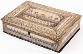 A late 19th/early 20th Century Anglo-Indian Ivory or Bone mounted Jewellery Box with etched black