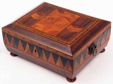 A Marquetry inlaid Box of rectangular form, the centre inlaid with abstract design, raised on four