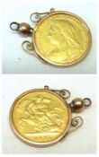A Victorian Gold Half Sovereign dated 1895 within a yellow metal Plain Pendant Mount, stamped “9ct”.
