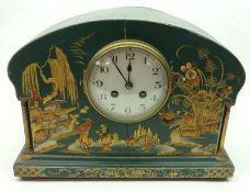 An early 20th Century lacquered Chinoiserie cased Mantel Clock with arched top, the circular face