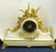 A late 19th Century large veined white Marble Mantel Clock, Brass bezel, circular face with gilded