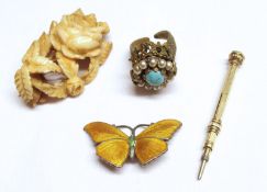 A mixed lot of carved Bone rose design Brooch, white metal and Enamel butterfly Brooch, stamped “
