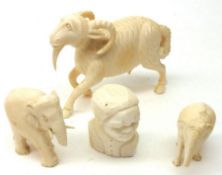 A Mixed Lot of various carved Ivory including: A Goat (one leg missing), two small Elephants and a