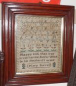 A framed Needlework Sampler with rows of letters, text and numbers, signed Mary Burrell (undated),