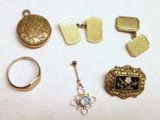 A mixed lot of yellow metal, blue stone set drop Pendant, stamped “9ct”, pair of gilt metal engine