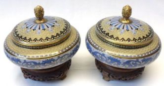 A pair of decorative covered Cloisonné Jars of compressed circular baluster form, decorated mainly