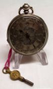 A last quarter of the 19th Century Silver cased large Fob Watch, Gold Roman numerals to an engine