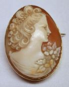 A yellow metal framed Shell cameo Brooch of a lady stamped “9ct”, 35mm x 27mm.