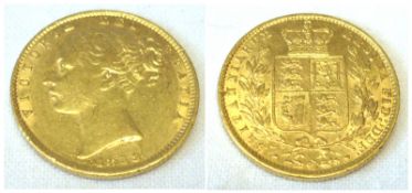 A Victorian Gold young head Sovereign dated 1859.